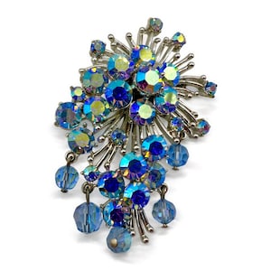 Vintage Blue Cha Cha Brooch Aurora Borealis Rhinestone Dangle Pin Mid-Century Atomic Starburst Silver Tone Statement Jewelry Gift