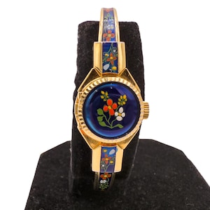 Hanowa Vintage Swiss Mechanical Peekaboo Bangle Watch With 17 Jewels And Cloisonné Enamel Floral Lid