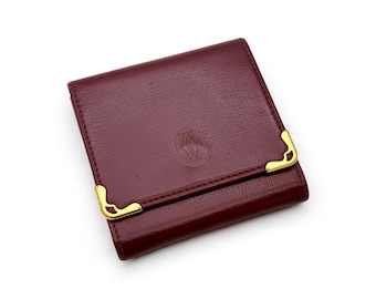 Cartier Vintage Bordeaux Leather Coin Pouch Wallet With Gold Corners Snap Closure Purse