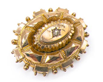 Antique Victorian 9ct Solid Gold Mourning Brooch: Rose Cut Diamond Locket 9k Gold