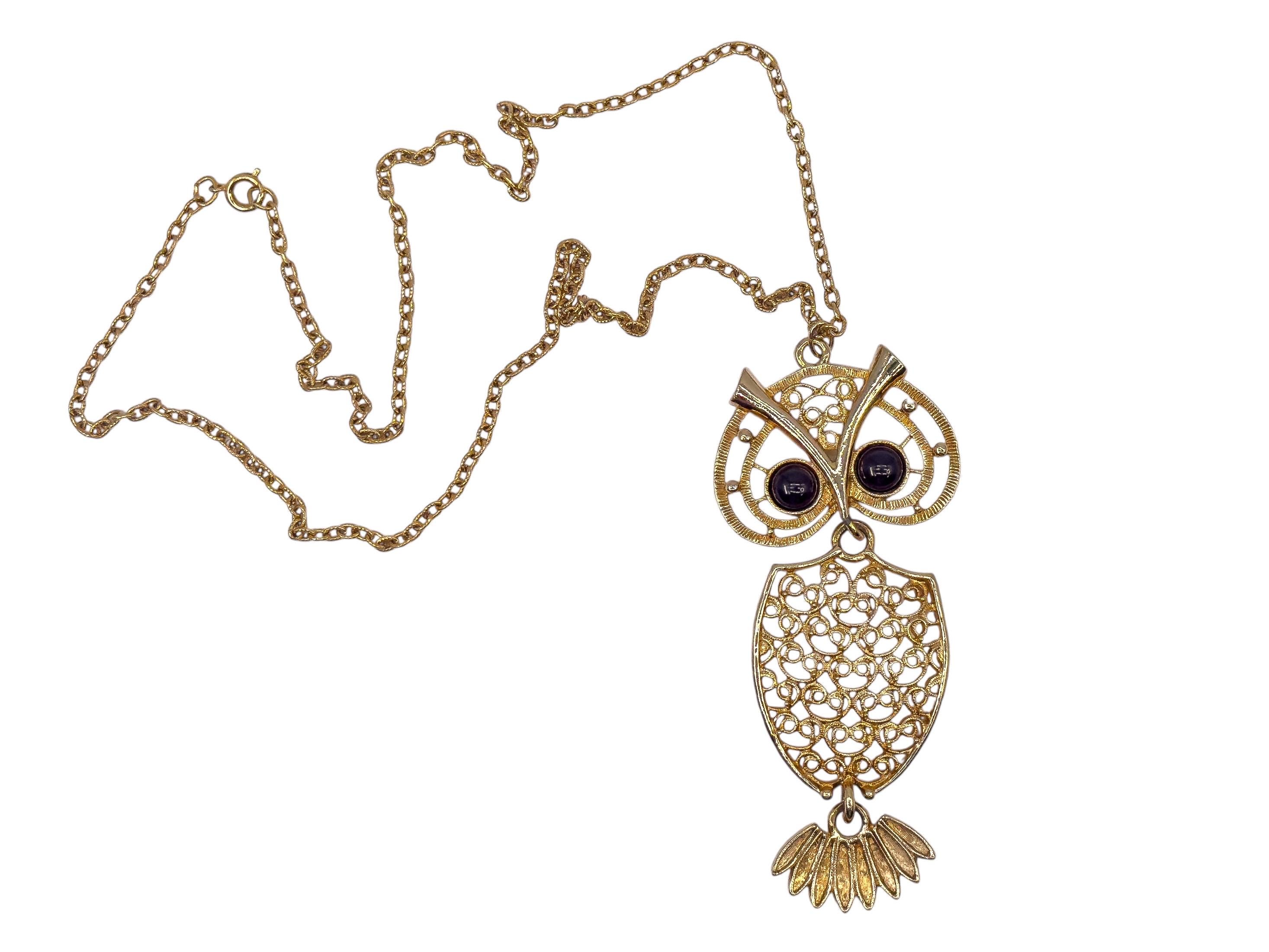 Vintage Sarah Coventry Owl Pendant Necklace: Gold Tone Filigree 1970s