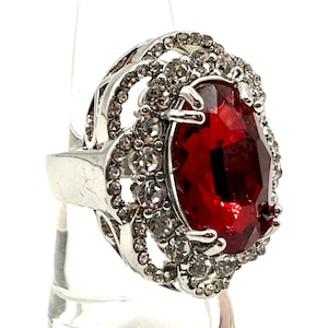 Vintage Bold Mid-Century Red Cocktail Ring Silver Tone Statement Ring with Clear Rhinestones Glamorous 1950s Style Evening Jewelry