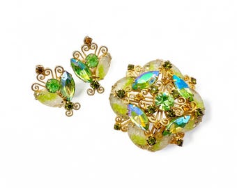 Vintage Lime Green Rhinestone Brooch and Earrings: Aurora Borealis 1950s Jewelry Set