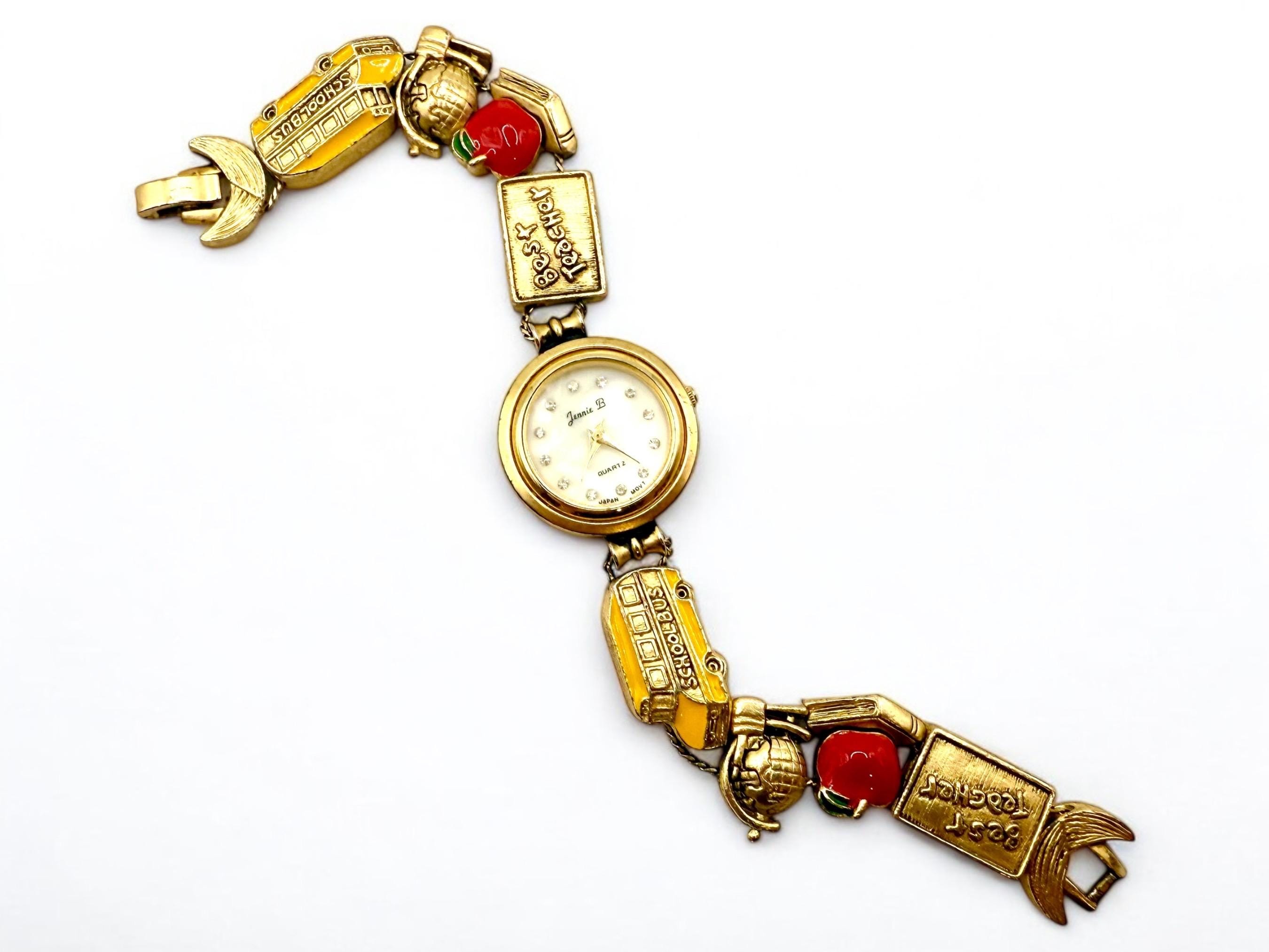 Jennie B Vintage Gold Tone Enamel Charm Bracelet Watch: School