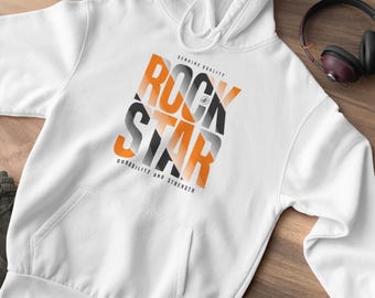 Elegante sudadera unisex en color blanco con diseño "Rock Star" de Zvenify para fanáticos de la moda urbana, perfecta para usar todos los días o como un regalo moderno.