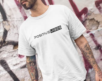 Camiseta unisex con cuello redondo y estilo "Positive Vibes", en blanco y negro, tallas S-2XL