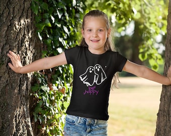 Camiseta "Sé feliz fantasma" para niños | Divertida camiseta de Halloween | Camiseta unisex negra de fantasmas | Ideal para regalar a niños y niñas