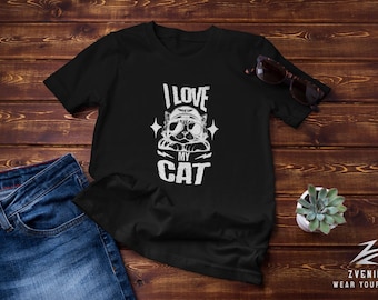 Camiseta unisex: Amo a mi gato en blanco y negro, tallas S-2XL, regalo perfecto para los amantes de los gatos, ropa casual elegante