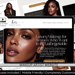 May include: A laptop screen displays a makeup artist website with the text "Luxury Makeup for Women Who Want to Be Unforgettable." The website features images of women with professional makeup and offers services.