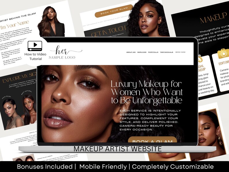 May include: A laptop screen displays a makeup artist website with the text "Luxury Makeup for Women Who Want to Be Unforgettable." The website features images of women with professional makeup and offers services.