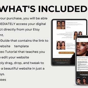 May include: Image showing a digital product package with a tablet and smartphone displaying website templates. The text "WHAT'S INCLUDED" is at the top. The package includes a PDF guide, video tutorial, and website templates.