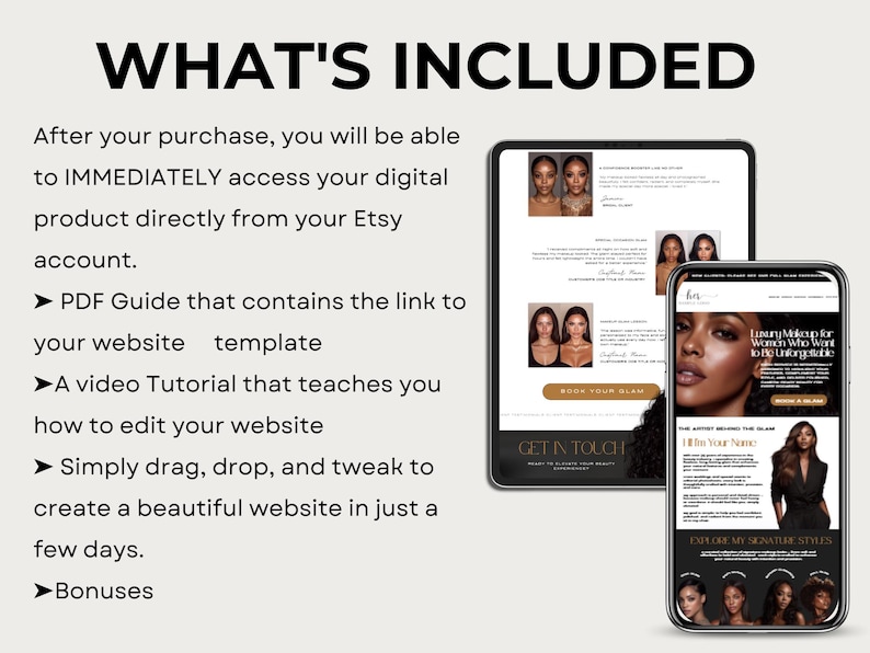 May include: Image showing a digital product package with a tablet and smartphone displaying website templates. The text "WHAT'S INCLUDED" is at the top. The package includes a PDF guide, video tutorial, and website templates.