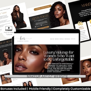 May include: A laptop screen displays a makeup artist website with the text "Luxury Makeup for Women Who Want to Be Unforgettable." The website features images of women with makeup and offers services. The words "Makeup Artist Website" are also visible.