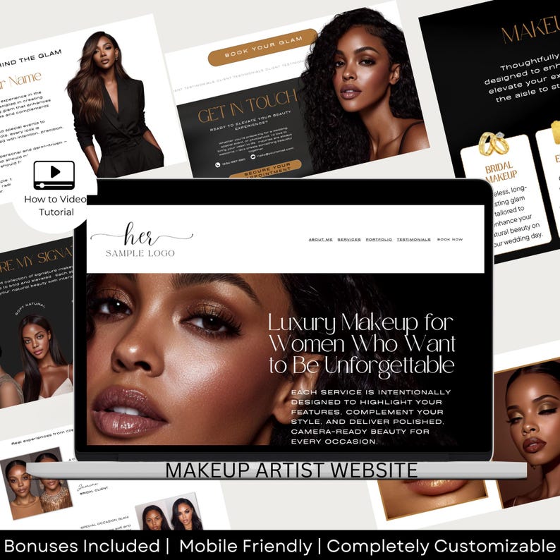 May include: A laptop screen displays a makeup artist website with the text "Luxury Makeup for Women Who Want to Be Unforgettable." The website features images of women with makeup and offers services. The words "Makeup Artist Website" are also visible.