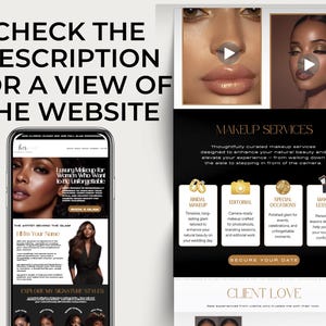 May include: A promotional image for a makeup artist's website, featuring a smartphone displaying the site's homepage. The page highlights services like bridal makeup, editorial makeup, special occasions, and makeup lessons. The text reads "CHECK THE DESCRIPTION FOR A VIEW OF THE WEBSITE."