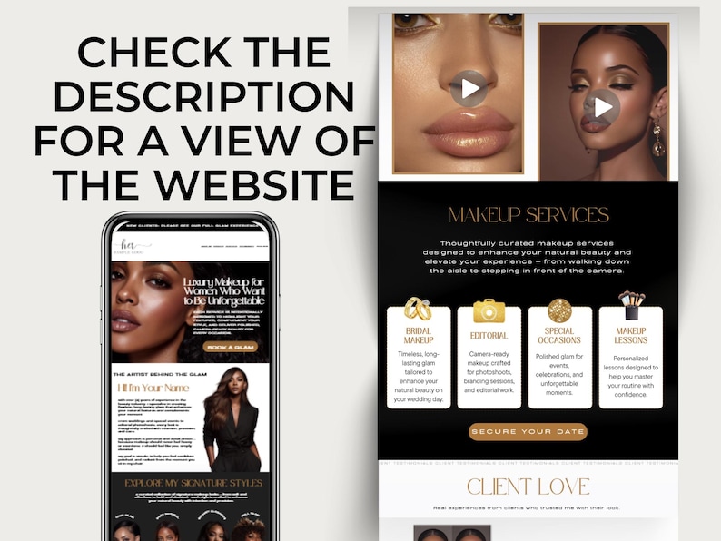 May include: A promotional image for a makeup artist's website, featuring a smartphone displaying the site's homepage. The page highlights services like bridal makeup, editorial makeup, special occasions, and makeup lessons. The text reads "CHECK THE DESCRIPTION FOR A VIEW OF THE WEBSITE."
