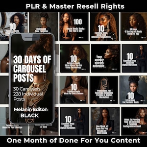 May include: A promotional image with the text "PLR & Master Resell Rights" and "One Month of Done For You Content." The image features a phone displaying "30 Days of Carousel Posts" and several smaller images with text like "Faceless Reels Ideas."