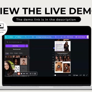 May include: A laptop displaying a video tutorial with the text "VIEW THE LIVE DEMO" and "The demo link is in the description." The screen shows a video editing interface with images and video clips. A play button is visible.