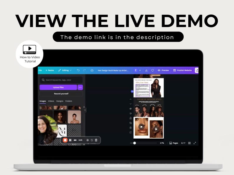 May include: A laptop displaying a video tutorial with the text "VIEW THE LIVE DEMO" and "The demo link is in the description." The screen shows a video editing interface with images and video clips. A play button is visible.