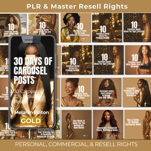 May include: A gold and black digital product mockup with the text "30 Days of Carousel Posts" and "Melanin Edition GOLD". The product is a set of 30 carousels with 228 individual posts for Instagram.