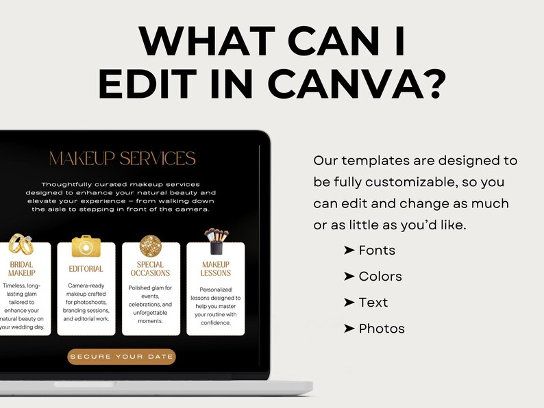 May include: A laptop screen displays text: "WHAT CAN I EDIT IN CANVA?" and "MAKEUP SERVICES." The screen shows options for bridal makeup, editorial, special occasions, and makeup lessons. The text also mentions customizable templates for editing fonts, colors, text, and photos.