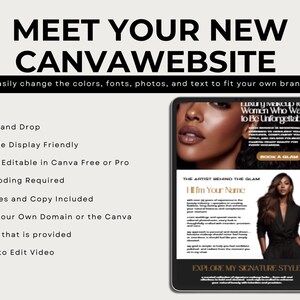May include: A digital tablet displays a website design with the text "MEET YOUR NEW CANVAWEBSITE." The website features a beauty and makeup theme, with a woman's face and the words "Luxury Makeup for Women Who Want to Be Unforgettable."