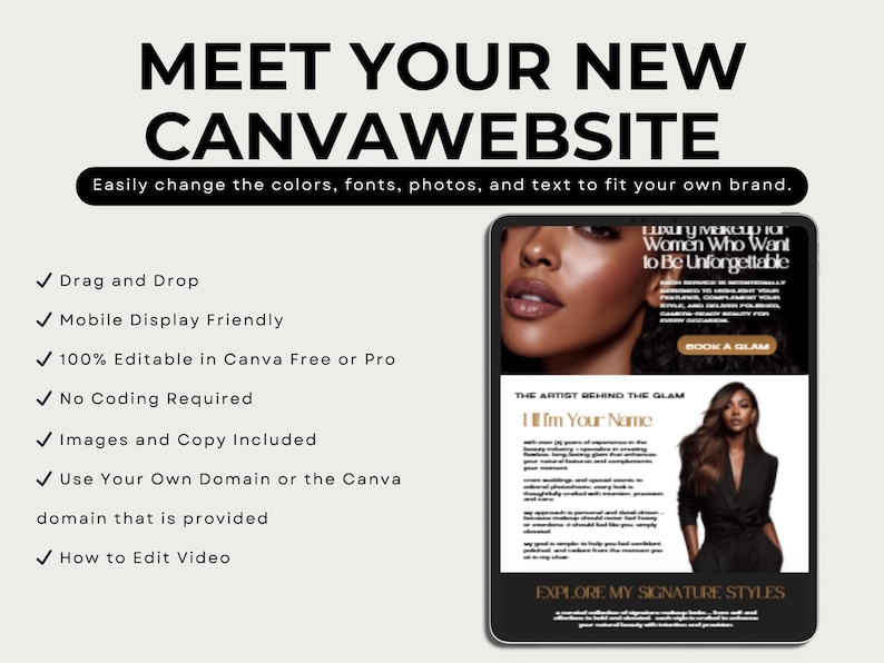 May include: A digital tablet displays a website design with the text "MEET YOUR NEW CANVAWEBSITE." The website features a beauty and makeup theme, with a woman's face and the words "Luxury Makeup for Women Who Want to Be Unforgettable."
