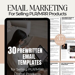 Op de afbeelding: Een digitale productcover met een vrouw die aan een laptop werkt. De cover is voor een set van 30 voorgeprogrammeerde e-mailtemplates voor het verkopen van PLR/MRR digitale producten. De cover is roze, wit en zwart met een groot nummer 30 in het midden.