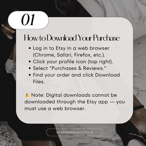 May include: A digital download guide with the title "How to Download Your Purchase" and instructions on how to download files from Etsy using a web browser. The guide is on a light beige background with black text and a white rounded rectangle.