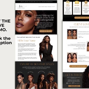 May include: A website design for a luxury makeup service, featuring images of women with makeup. The site includes sections for bridal makeup, editorial, special occasions, and makeup lessons. Text includes "Luxury Makeup for Women Who Want to Be Unforgettable."