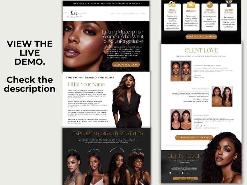 May include: A website design for a luxury makeup service, featuring images of women with makeup. The site includes sections for bridal makeup, editorial, special occasions, and makeup lessons. Text includes "Luxury Makeup for Women Who Want to Be Unforgettable."