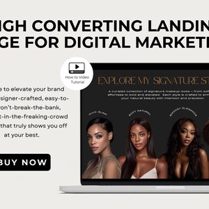 May include: A laptop displays a website promoting digital marketing services. The screen showcases makeup looks with text that reads "Explore My Signature Styles." The image includes the text "High Converting Landing Page for Digital Marketing" and a "Buy Now" button.