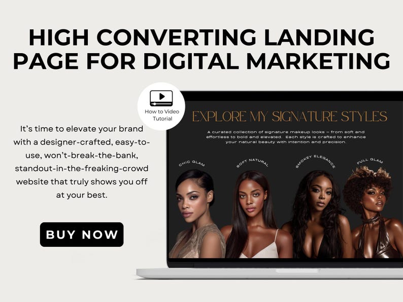 May include: A laptop displays a website promoting digital marketing services. The screen showcases makeup looks with text that reads "Explore My Signature Styles." The image includes the text "High Converting Landing Page for Digital Marketing" and a "Buy Now" button.