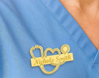 Personalized Doctor Name Badge: Stethoscope Heart - Laser Engraved