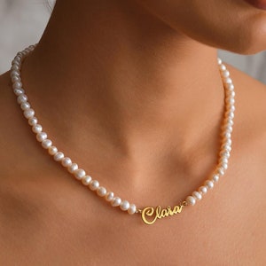 Freshwater Pearl Name Necklace, Personalized Wedding Jewelry, Christmas Gifts for Her, Gold Name Necklace, Pearl Chain, Bridal Party Gifts