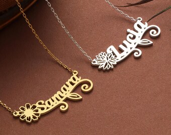 Floral Name Necklace: Personalized Sterling Silver Birth Flower Jewelry