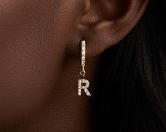 Dainty Initial Hoop Earrings: Sterling Silver CZ Letter, Gold Filled