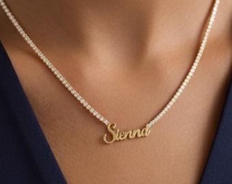Custom CZ Tennis Chain Name Necklace: Personalized Script Jewelry