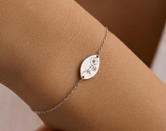 Personalized Birth Flower Bracelet, 12 Birth Month Floral Charm Designs, Gold Filled or Silver Oval Bracelet, Dainty Engraved Gift for Her