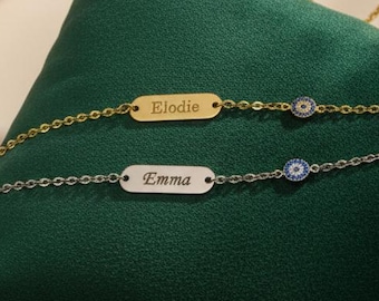 Personalized Evil Eye Bracelet: Engraved Name ID Charm, Protective Stainless Steel