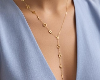 Personalized Lariat Name Necklace: 14K Gold Filled Vertical Letter Jewelry