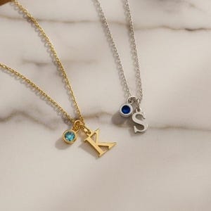 Personalized Initial Birthstone Necklace, Dainty Gold Silver Rose Gold Jewelry, Custom Letter Charm Gift for Her