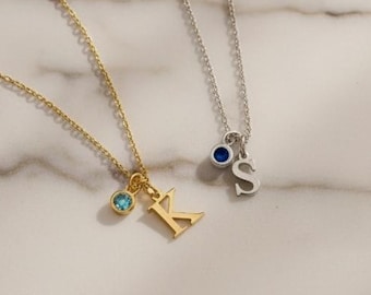 Personalized Initial Birthstone Necklace, Dainty Gold Silver Rose Gold Jewelry, Custom Letter Charm Gift for Her
