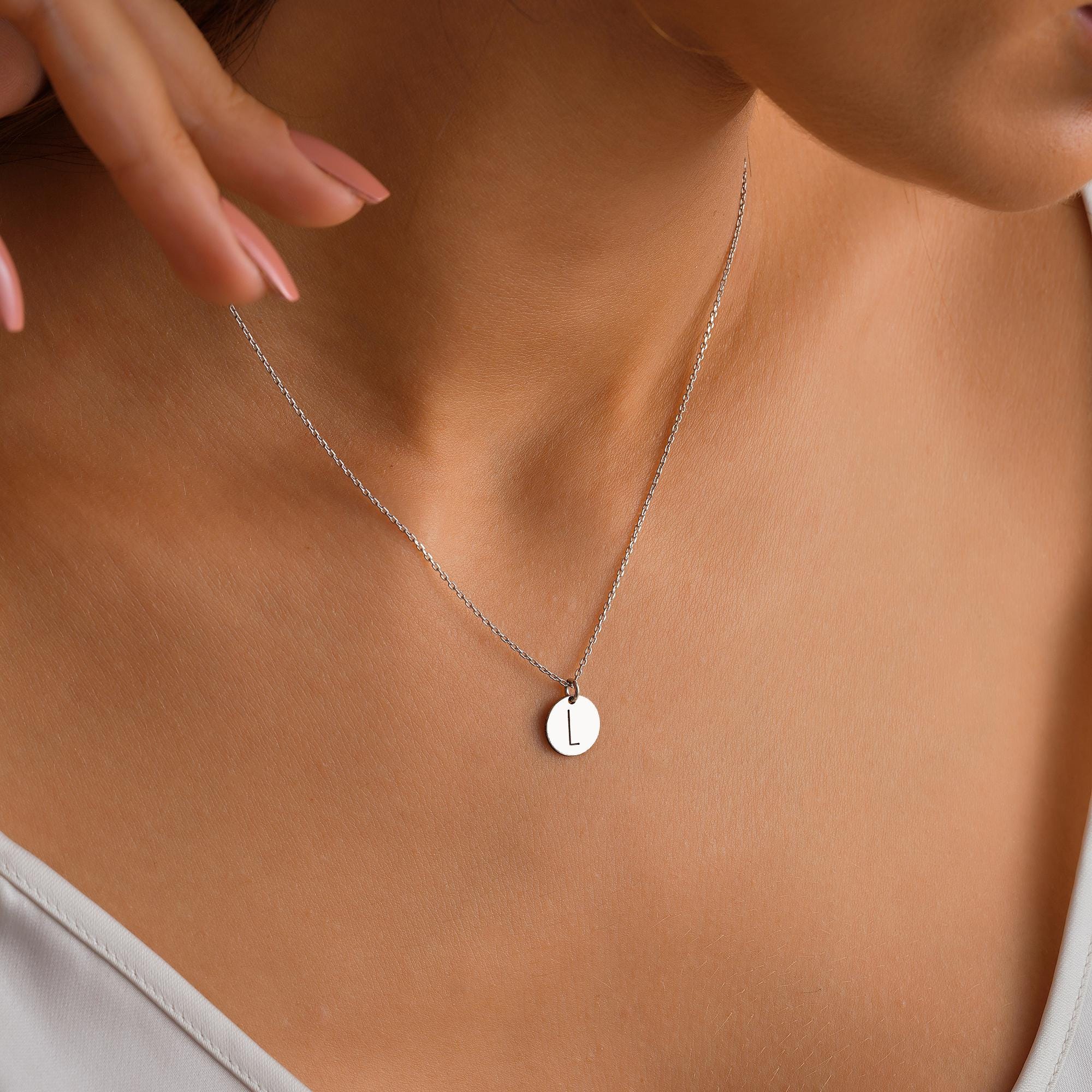 Personalized Sterling Silver Coin Necklace: Initial Letter, Engraved Mom Gift