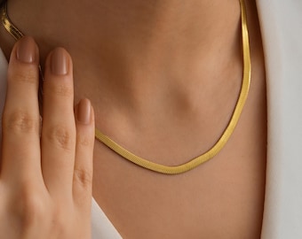 18K Gold Filled Herringbone Chain Necklace: Waterproof Snake Chain