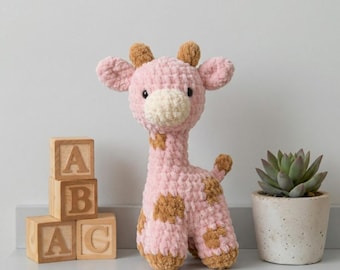 Patrón de jirafa a crochet en PDF, tutorial de jirafa rosa amigurumi, peluche de animal de safari de terciopelo para hacer tú mismo, patrón de decoración infantil grueso