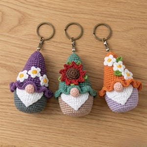 Bloemkabouter haakpatroon pdf, amigurumi tuin Gonk sleutelhanger tutorial, zonnebloemkabouter DIY, madeliefje kabouterpatroon, natuurgeest sleutelhanger
