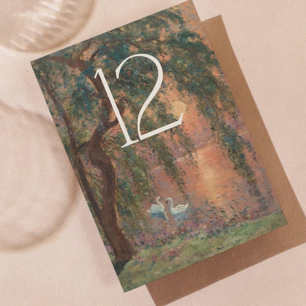 Números de mesa de casamento no Lago dos Cisnes: modelo de pintura a óleo vintage do Canva (download digital)