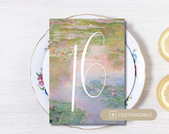Monet Seerosen Hochzeit Tischnummern | Fine Art Canvas Vorlage (Instant Download)