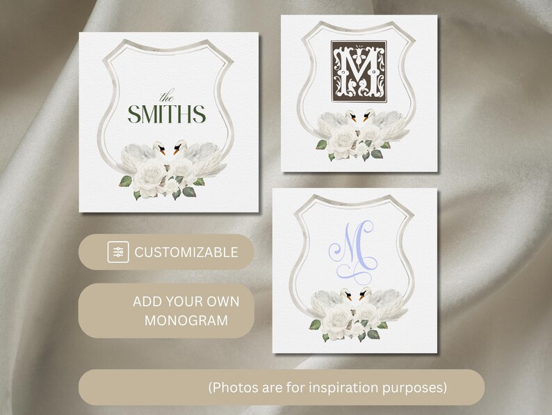 K&ouml;nnte beinhalten: Drei anpassbare Hochzeitskarten-Designs mit einem wei&szlig;en Schwanenpaar, floralen Akzenten und einem Wappen mit dem Text "the SMITHS" oder einem Monogramm. Der Text "CUSTOMIZABLE" und "ADD YOUR OWN MONOGRAM" ist ebenfalls enthalten.